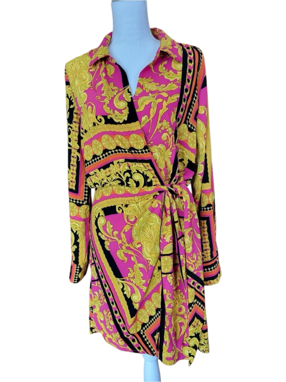 EUC Long Sleeve Pink & Gold Print Tie-Waist Dress